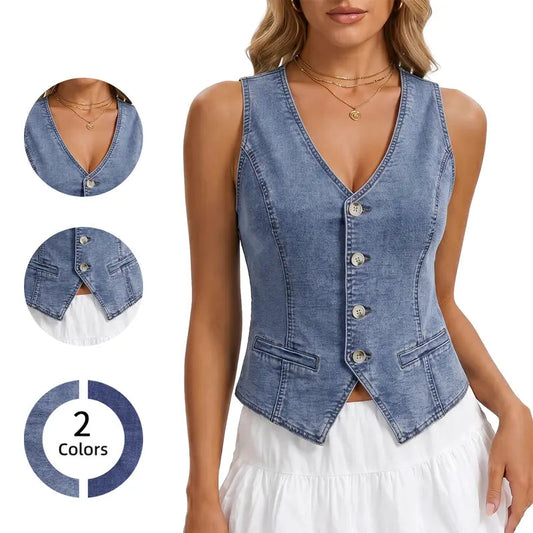 Women's V-Neck Sleeveless Cropped Denim Vest, Button Front Slim Fit Waistcoat, Vintage Western Cowboy Style Tank Top