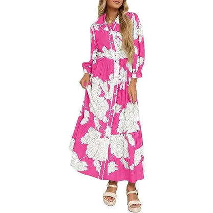 Women’s Maxi Shirt Dress Casual Floral Collared 3/4 Long Sleeve Drawstring Waist Fall Button Down Dresses
