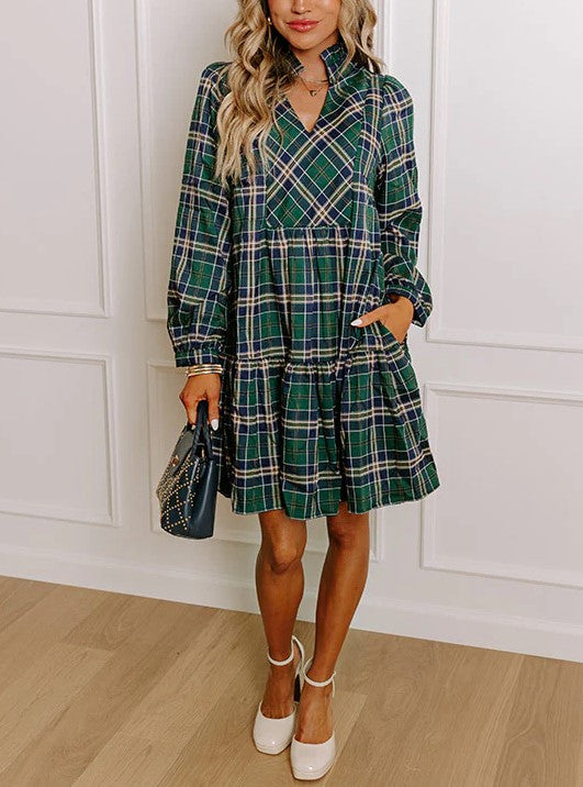 Women's Plaid Print Frilly Collar Long Sleeve Mini Dress (Buy 2 Free Shipping)