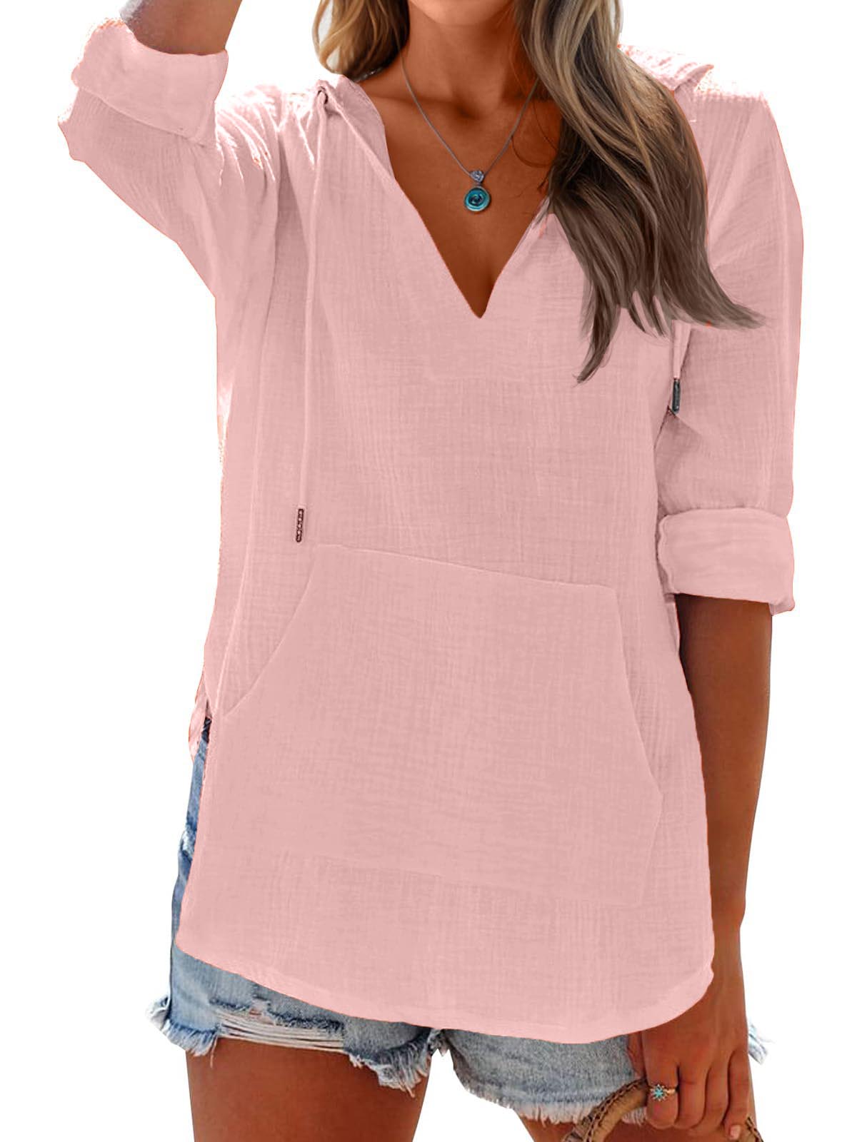 Women's Long Sleeve V Neck Pocketed Hooded Shirt Top