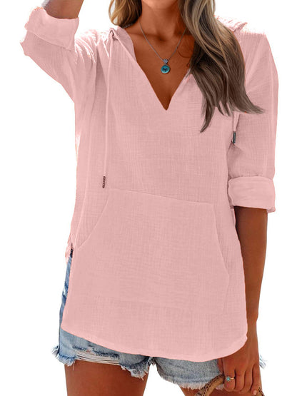 Women's Long Sleeve V Neck Pocketed Hooded Shirt Top