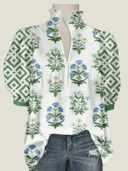 Women's V Neck Puff Sleeve Floral Print Blouse (Buy 2 Free Shipping)
