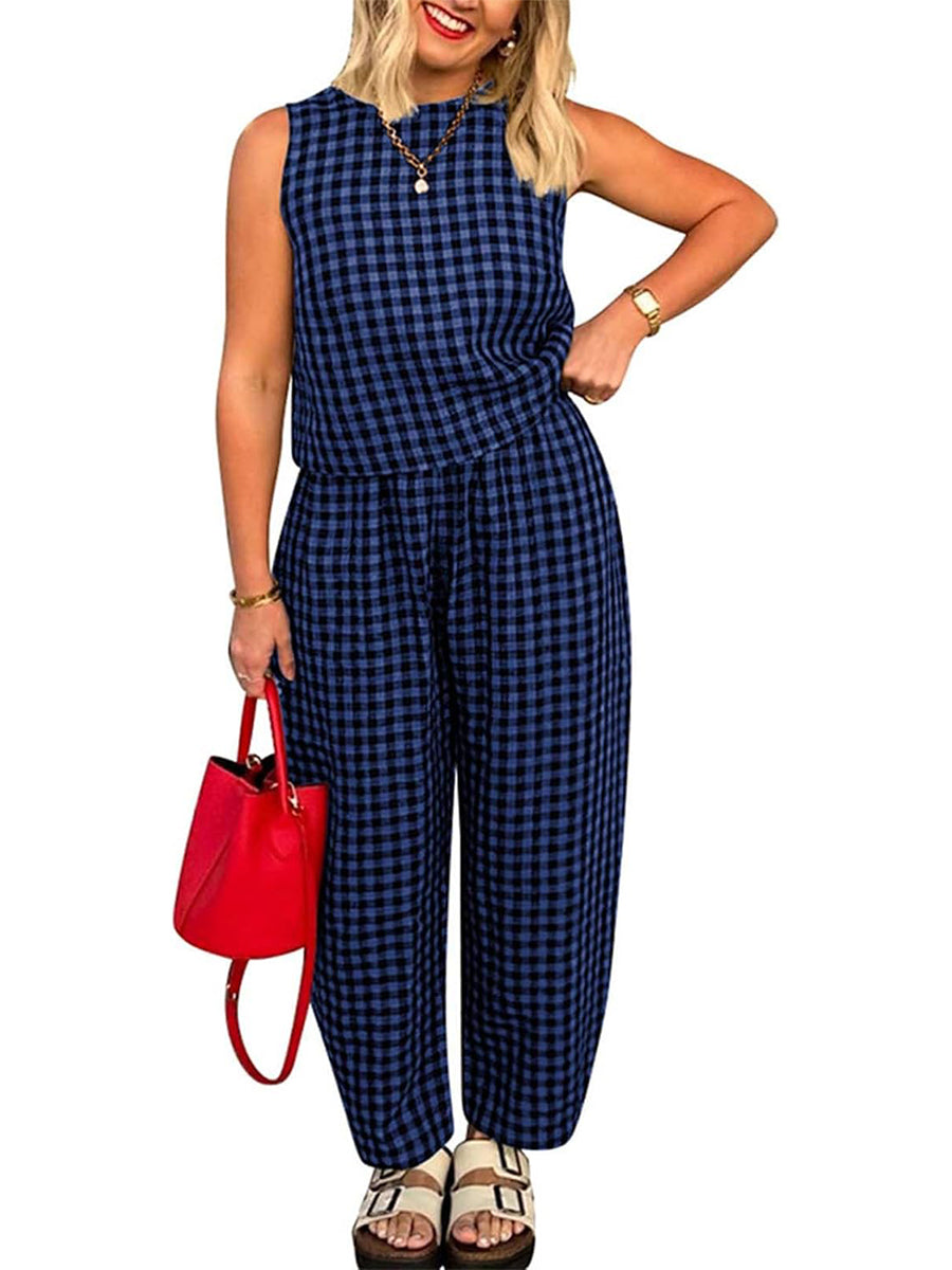 HOT SALE Women's Gingham Sleeveless Tank Top & Barrel Pants Set