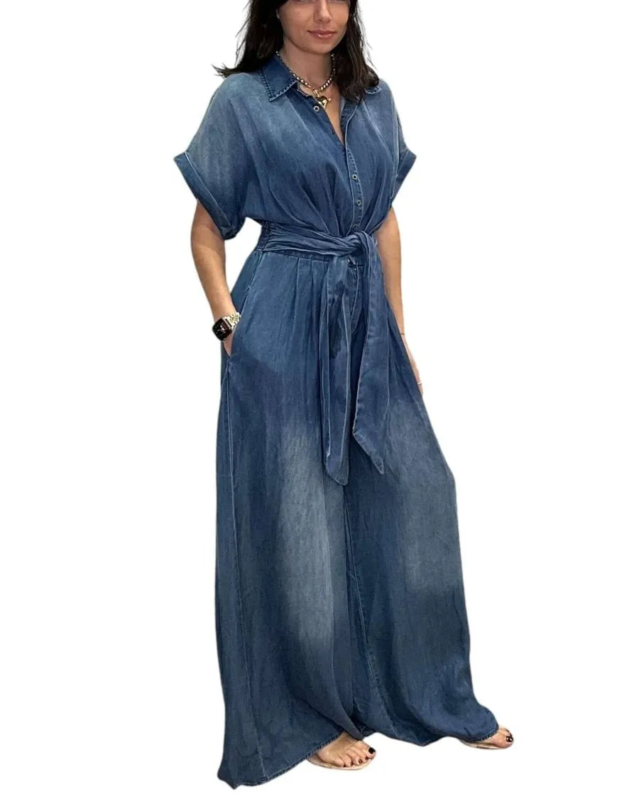 Casual Bat Sleeve Tie-Waist Tencel Denim Wide-Leg Jumpsuit