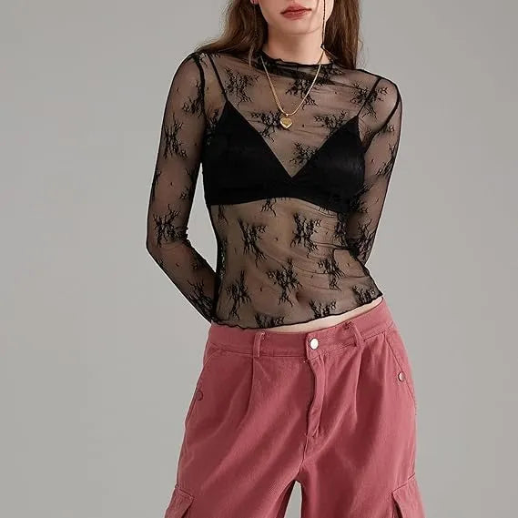 Women Long Sleeve Tops Sheer Lace Basic Shirt Casual Pullover for Fall Club Streetwear Aesthetic Clothes(Buy 3 Free Shipping)