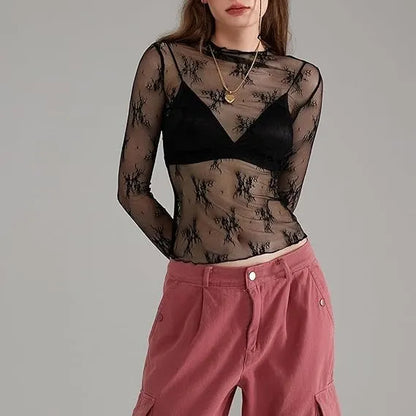 Women Long Sleeve Tops Sheer Lace Basic Shirt Casual Pullover for Fall Club Streetwear Aesthetic Clothes(Buy 3 Free Shipping)