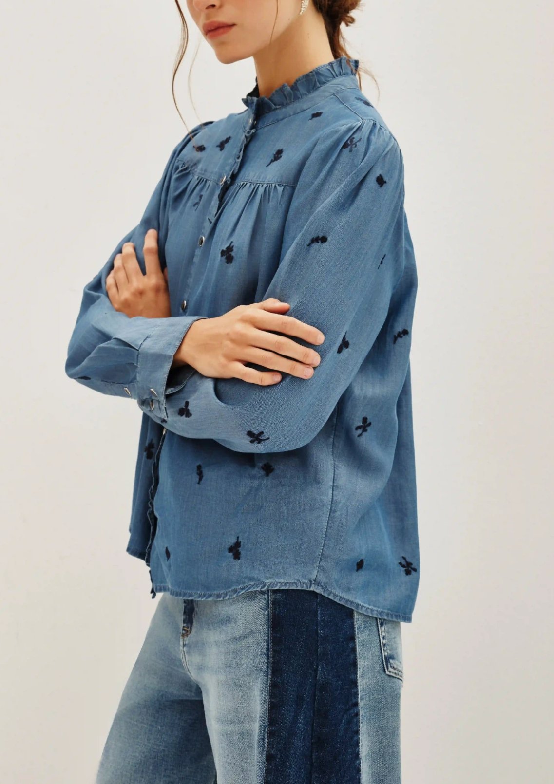 Women's straight-cut long-sleeved round neck ruffled Tencel denim shirt（buy 2 free shipping)