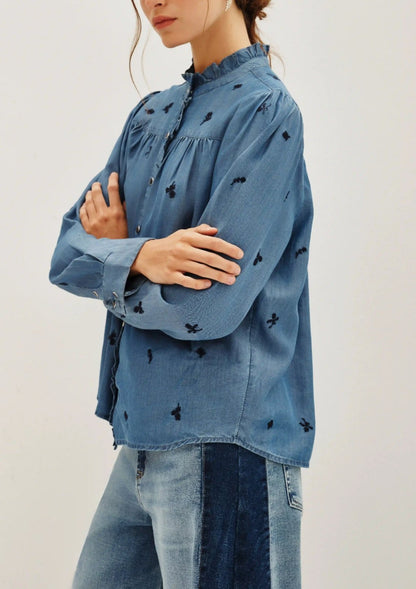 Women's straight-cut long-sleeved round neck ruffled Tencel denim shirt（buy 2 free shipping)