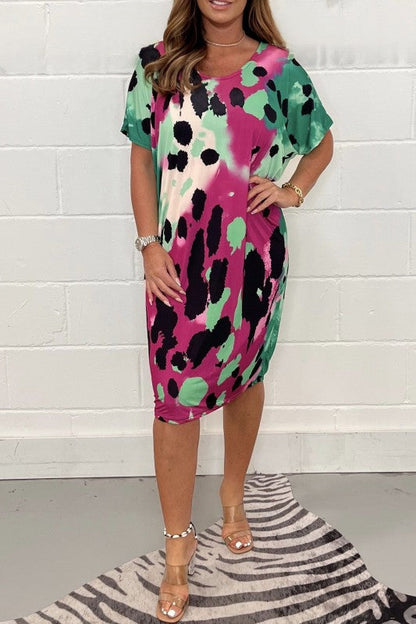Women's printed round-neck multi-colored dress（buy 2 free shipping）
