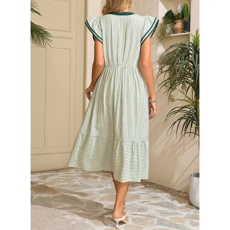 Womens Dresses 2026 Summer V-Neck Ruffle Cap Sleeve Empire Waist Flowy Striped Beach Midi Maxi Dress(buy 2 free shipping)