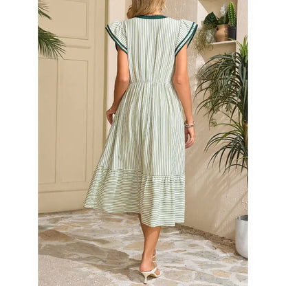 Womens Dresses 2026 Summer V-Neck Ruffle Cap Sleeve Empire Waist Flowy Striped Beach Midi Maxi Dress(buy 2 free shipping)
