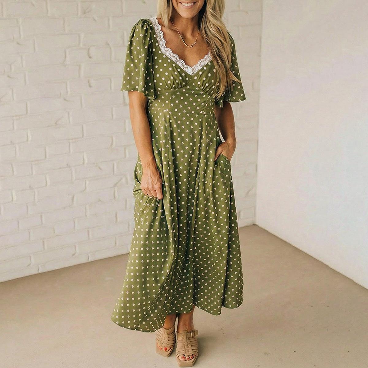 Women's Polka Dot Lacy Neckline Smocked High Waist Maxi Dress