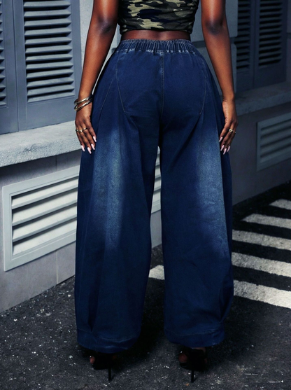 Wide Leg Pleated Denim Jeans