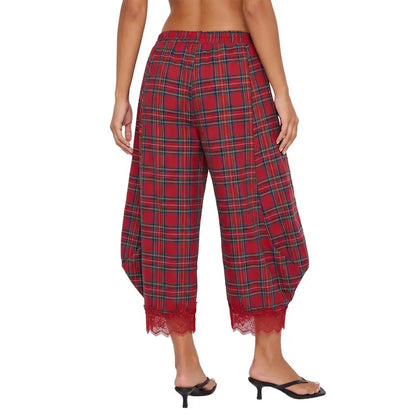 Women's Elastic Waist Drawstring Loose Casual Plaid Lace Trim Harem Pants