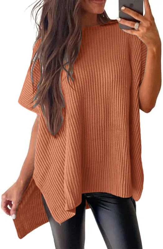 Women Loose Batwing Side Split Ribbed Knit Short Sleeve Blouse