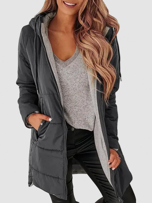 Women Hooded Drawstring Mid Puffer Coat