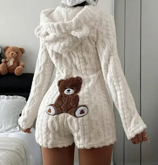 Cute Teddy Bear  Hooded Fleece Romper