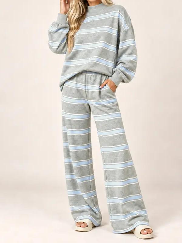 Women Striped Mock Neck 2 Piece Lounge Matching Set