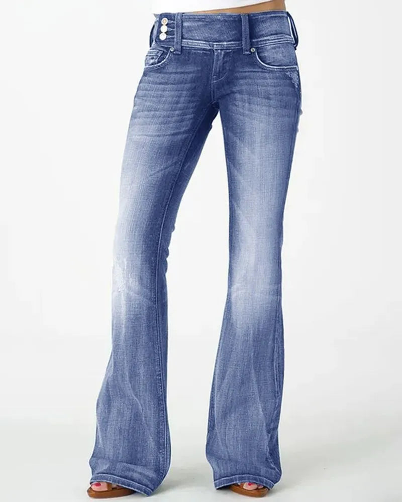 VINTAGE BUTTON SIDE DESIGN MID WAIST STRETCH FLARE JEANS(Buy 2 Free Shipping)
