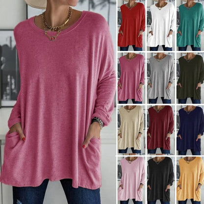 HOT SALE-Round Neck Long Sleeve Loose Pocket Solid T-Shirt