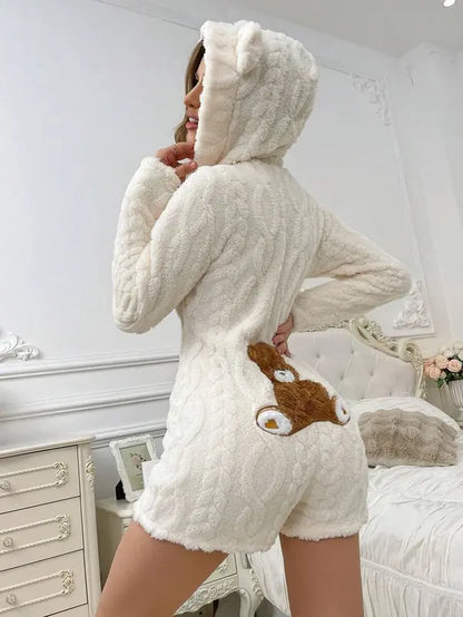 Cute Teddy Bear  Hooded Fleece Romper