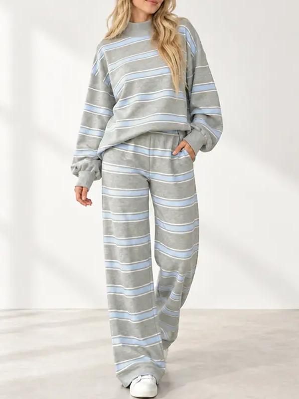 Women Striped Mock Neck 2 Piece Lounge Matching Set