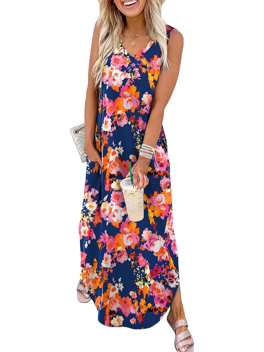 Women's 2026 Summer Casual V-Neck Floral Print Dress with Pockets