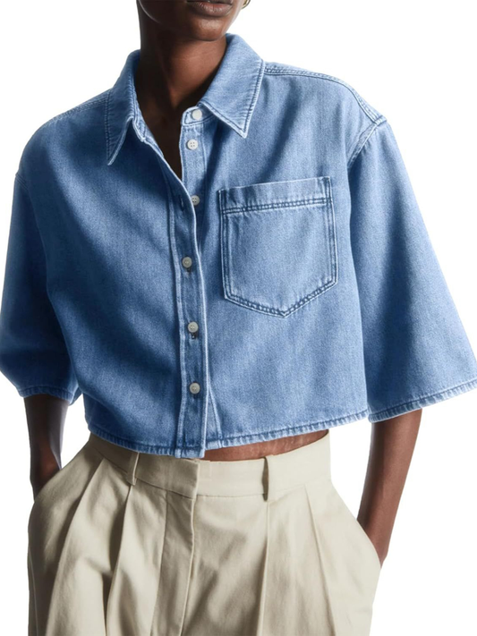 Women's Cropped Oversized Short Sleeve Denim Shirt