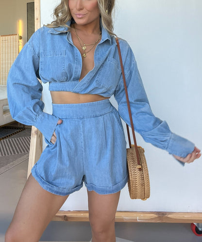 Hot Sale Denim Crop Shirt and Shorts Set