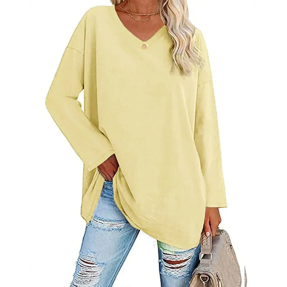 HOT SALE-WOMENS LOOSE FASHION V-NECK TOP SHORT & LONG OPTION