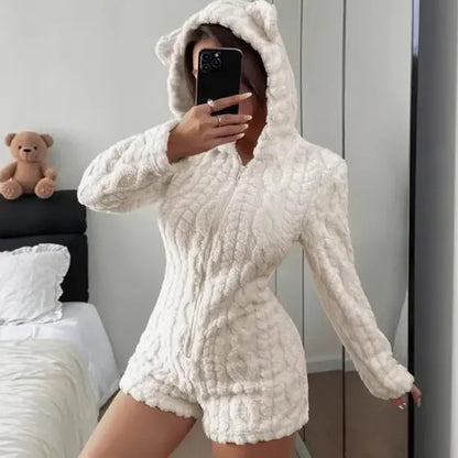 Cute Teddy Bear  Hooded Fleece Romper