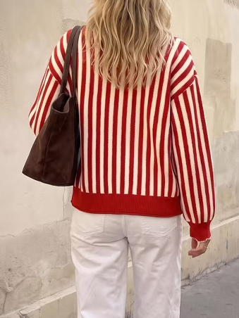 Women Striped Scalloped Trim Open Front Knit Cardigan