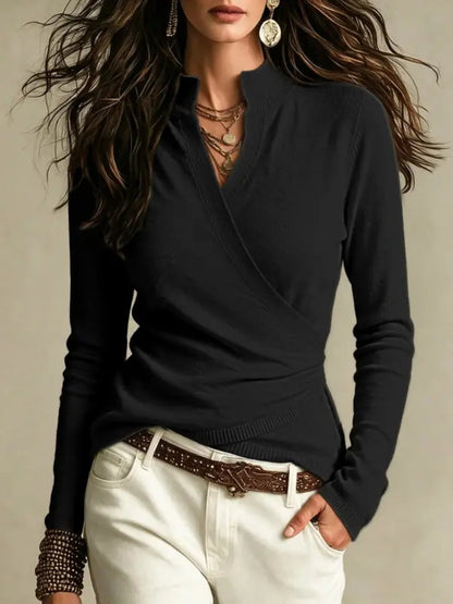 Women's wrap-style round neck knit sweater