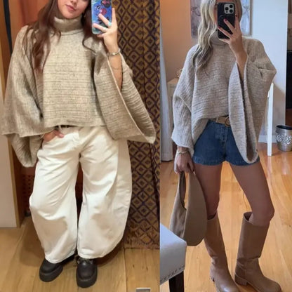Women's soft chunky knit turtleneck cape