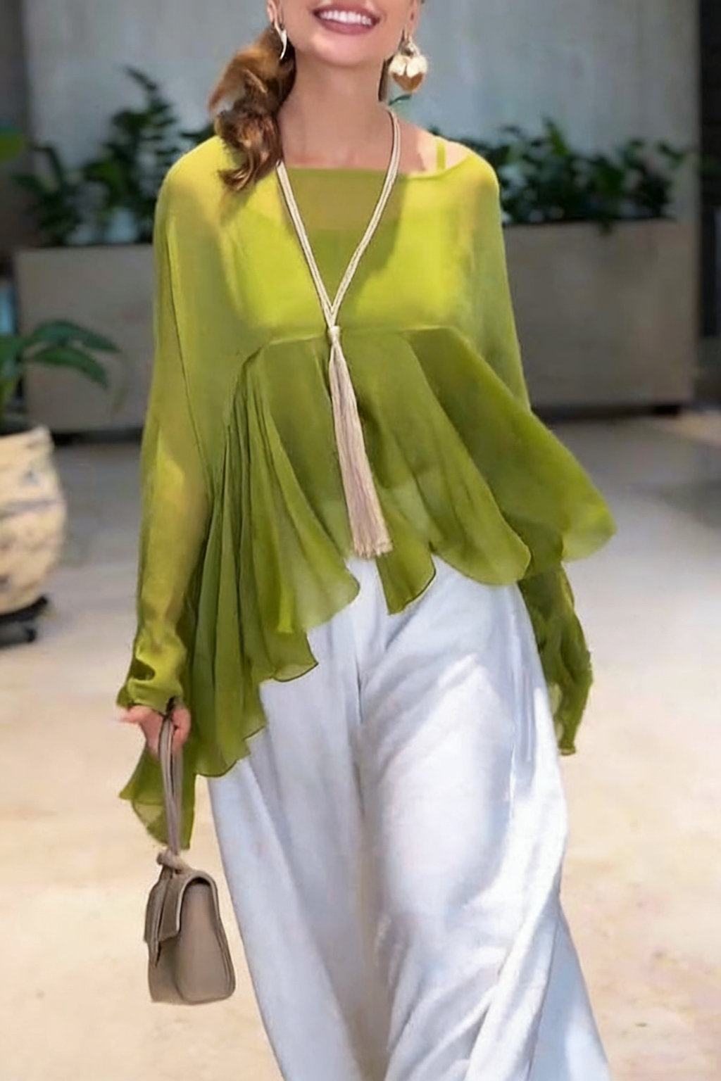 Romantic Journey Chiffon Ruffle Batwing Sleeve Top and Elastic Waist Pocket Loose Pants