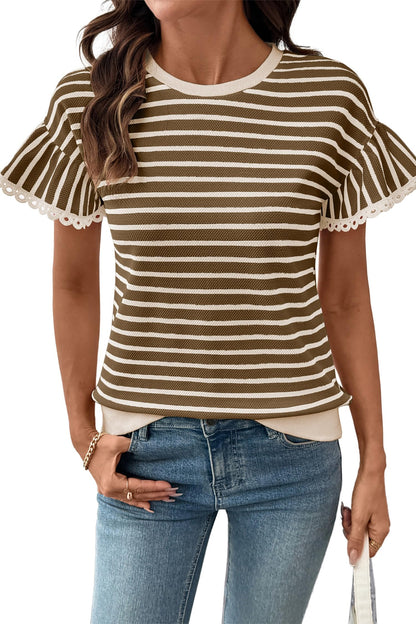 HOT SALE Women's Knit Striped Color Block Ruffled Short Sleeve Top（buy 2 free shipping）