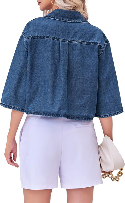 Women's Cropped Oversized Short Sleeve Denim Shirt