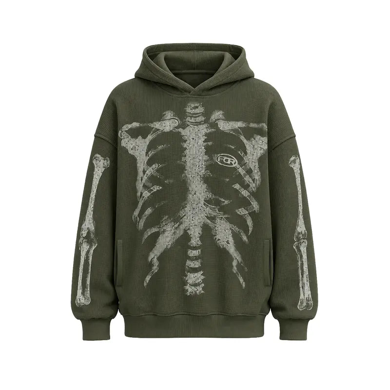 Skull Print Waffle Long Sleeve Top, Y2K Vintage Loose Streetwear Pullover