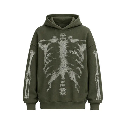 Skull Print Waffle Long Sleeve Top, Y2K Vintage Loose Streetwear Pullover