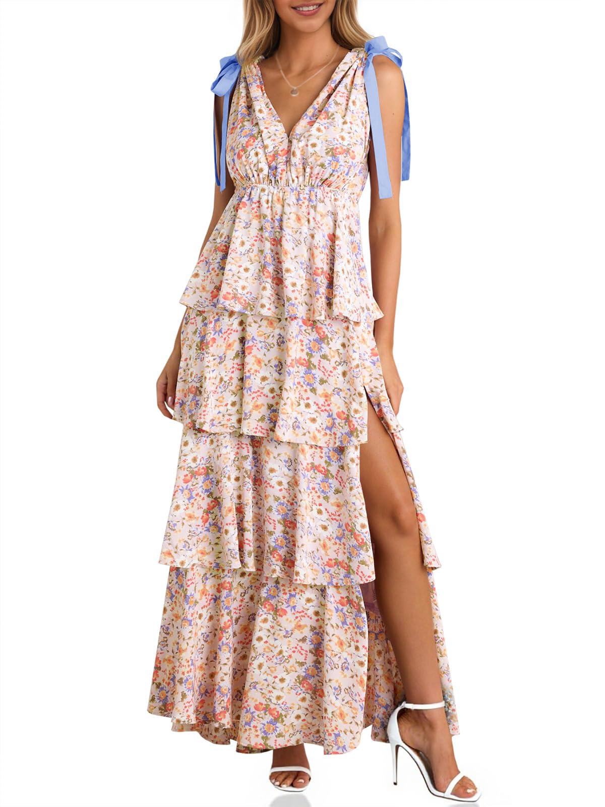 🔥Hot Sale--Women's Boho Floral Tie Strap V Neck Ruffle Tiered Maxi Dress