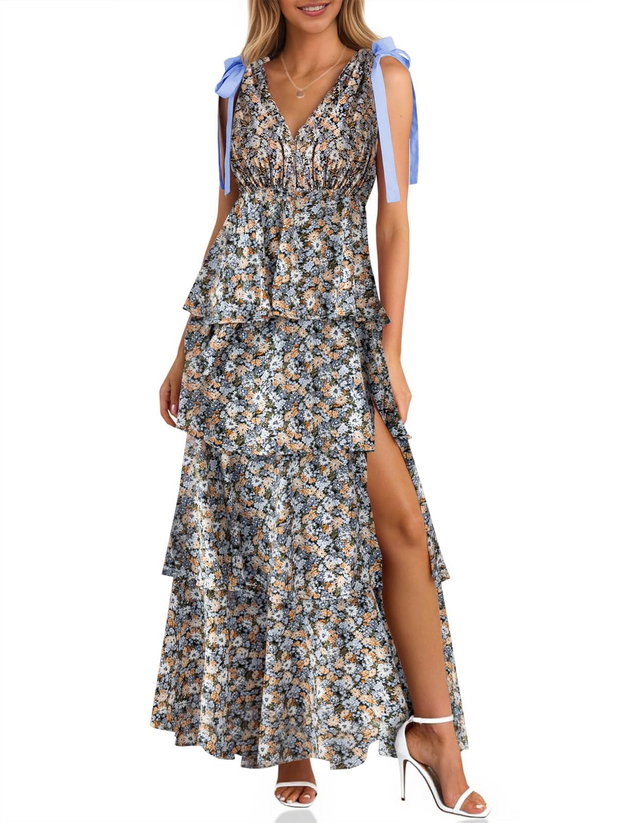 🔥Hot Sale--Women's Boho Floral Tie Strap V Neck Ruffle Tiered Maxi Dress