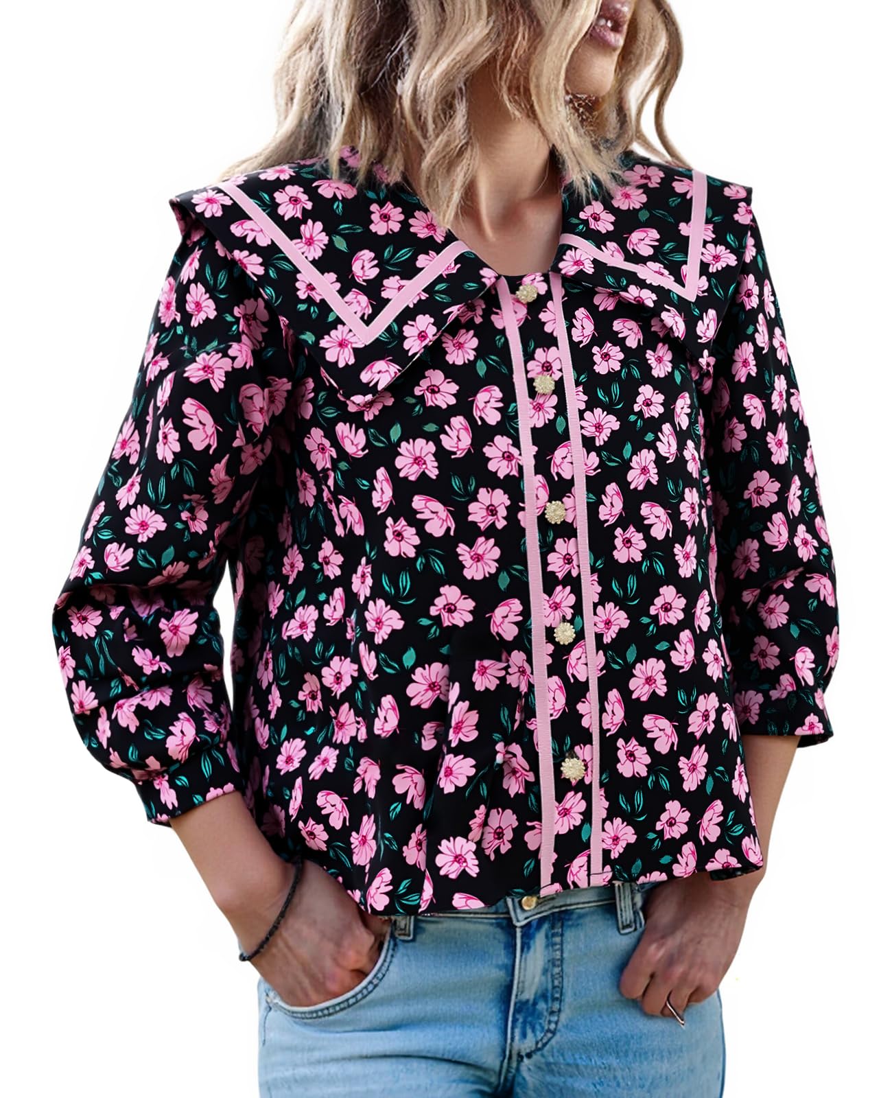 HOT SALE Women's Floral Collared 3/4 Lantern Sleeve Button Down Shirt