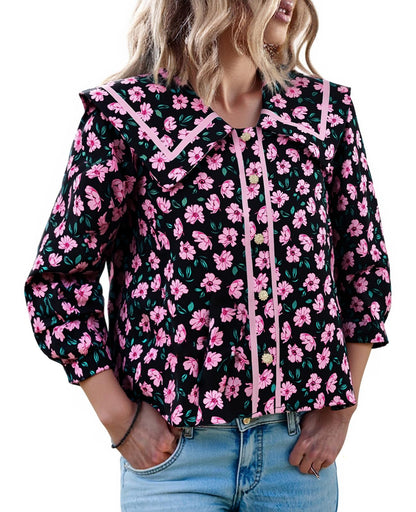HOT SALE Women's Floral Collared 3/4 Lantern Sleeve Button Down Shirt