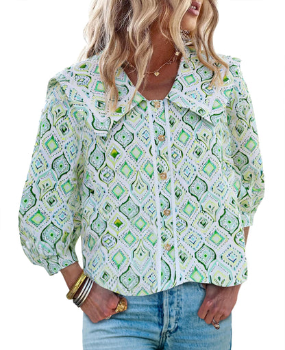 HOT SALE Women's Floral Collared 3/4 Lantern Sleeve Button Down Shirt