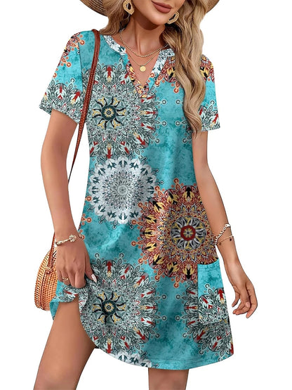 HOT SALE Women's Casual Printed V Neck Short Sleeve Pocket Midi Dress