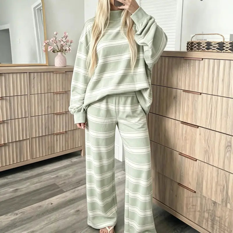 Women Striped Mock Neck 2 Piece Lounge Matching Set