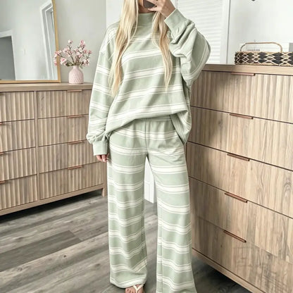 Women Striped Mock Neck 2 Piece Lounge Matching Set