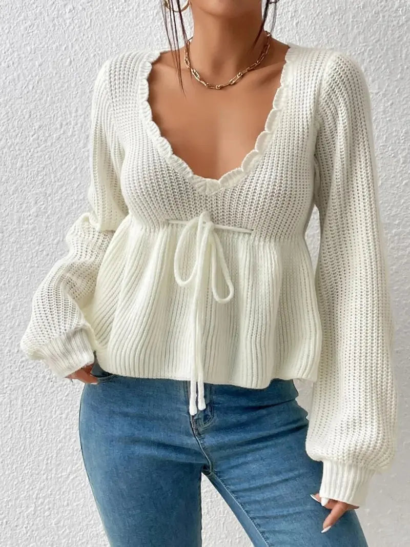 Women's Deep V-Neck Drawstring Tie Front Knit Crop Top, Scallop Trim Bishop Long Sleeve Peplum Sweater