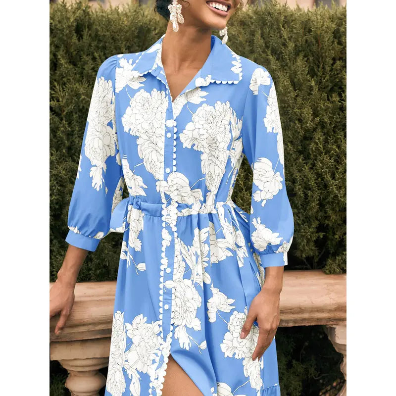 Women’s Maxi Shirt Dress Casual Floral Collared 3/4 Long Sleeve Drawstring Waist Fall Button Down Dresses
