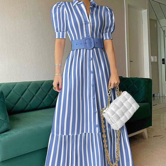 Women's Striped Puff Sleeve Belted Maxi Dress